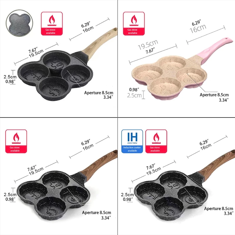 

4 Hole Omelet Pan for Burger Eggs Ham Pancake Maker Wooden Handle Frying Pot Non-stick Cooking Children Breakfast