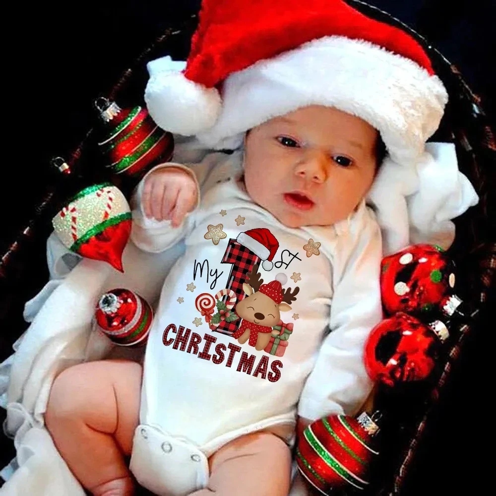 

My First Christmas Newborn Baby White Long Sleeve Romper Cartoon Snowman Print Outfit Infant Baptism Bodysuit Clothes Xmas Gift