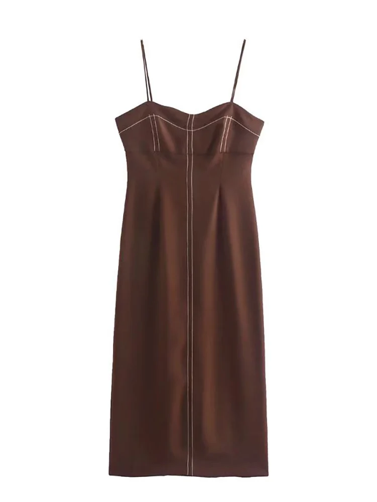 

BBWM Pencil Slip Dress Women Topstitch Brown Summer 2022 Ladies Slit Sleeveless Midi Dress Elegant Party Clothes