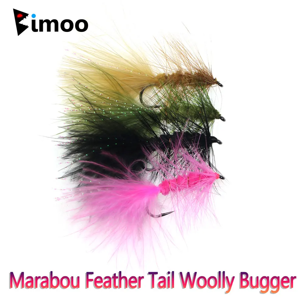 Bimoo 5Pcs #6 Marabou Feather Tail Woolly Bugger Wet Fast Sinking Streamer Fly Steelhead Trota Esche Da Pesca Esche