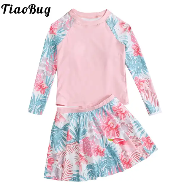 Детский купальный костюм TiaoBug для девочек, комплект из двух предметов с топом с длинным рукавом и юбкой, милый купальный костюм с цветочным принтом, пляжная одежда для бассейна 1