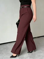 Plus Size Women's Pants High Waist Belted Solid Pintuck Wide Leg Bottoms Elegant Spring Summer Office Stretchy Bottoms - Image 3