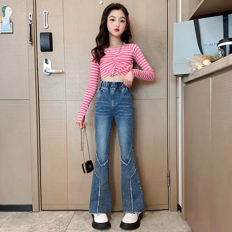 Mädchen Jeans Schlaghose - High Waist Stretch Denim Hose Im Bell-Bottom Style