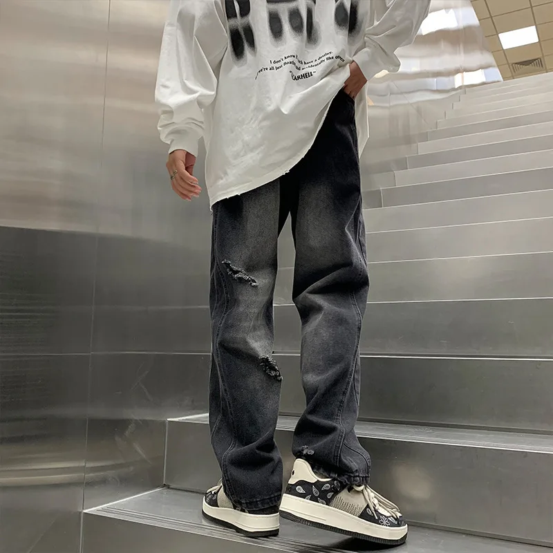 Four Seasons Men's Vintage Straight Wide Leg Casual Denim Trousers Loose Hole Patch Black Jeans Pants Male  Men's Streetwear 4