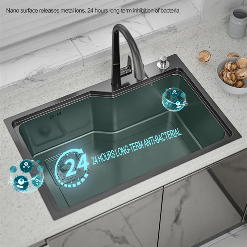 Large Nano Kitchen Sink 304 Stainless Steel Bowl Washbasin Household Thickened Under-counter Basin Side Drainage Workstation
