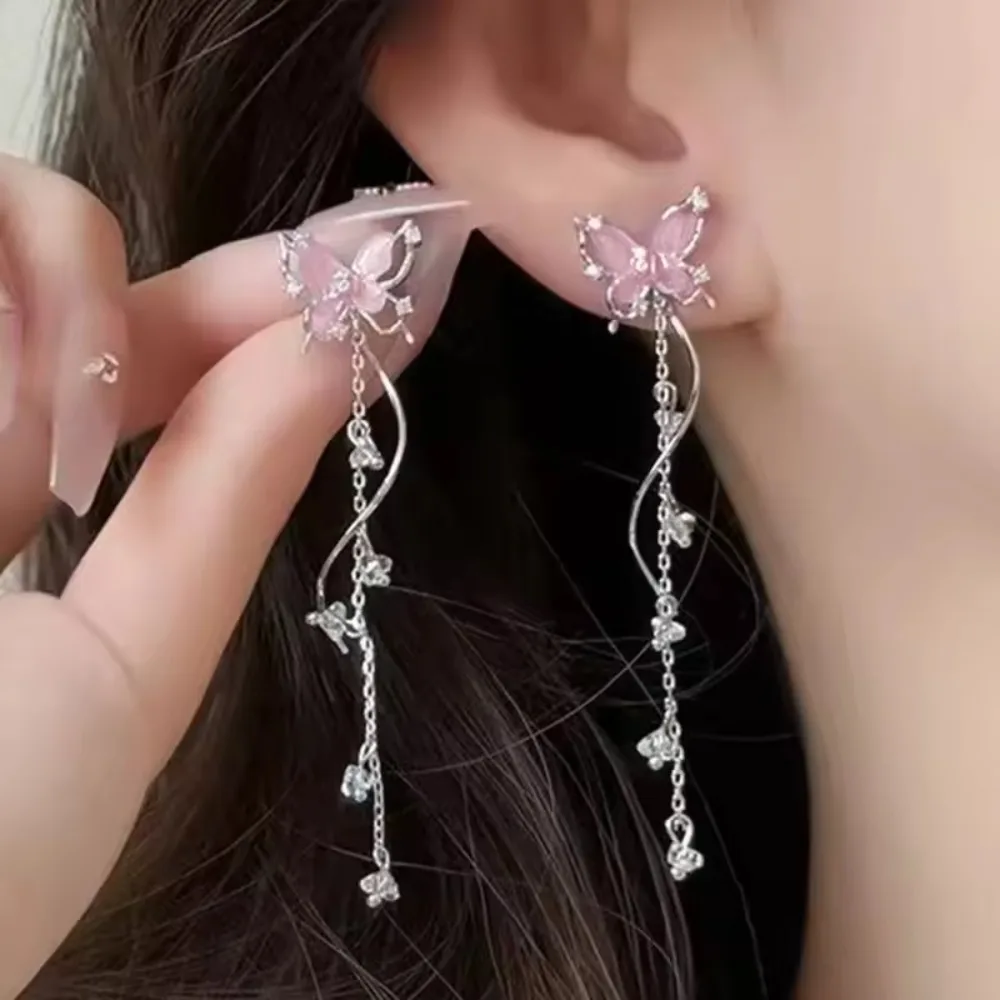 2 Pieces Exquisite Butterfly Fashion Sweet Zirconia Pink Color Silver Color Long Tassel Earrings