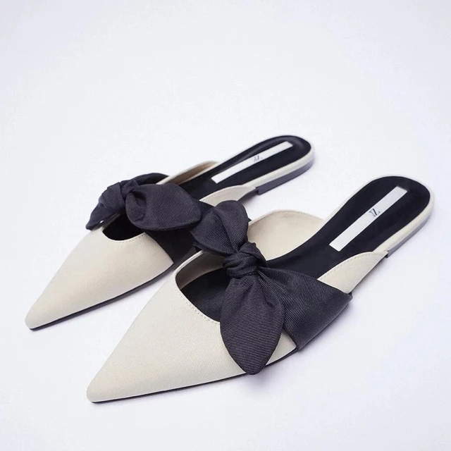 ZARZ Woman 2022 Flat Shoes Spring Summer Pointed Sexy Bow Outer Wear Plus Size 41 Beige Lazy Sandals And Slippers Women Luxury Beige