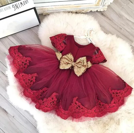

Handmade Red Lace Tulle Baby Girl Dress Fluffy Flower Girl Dresses For Weddings Kids Princess Ball Gown Photoshoot