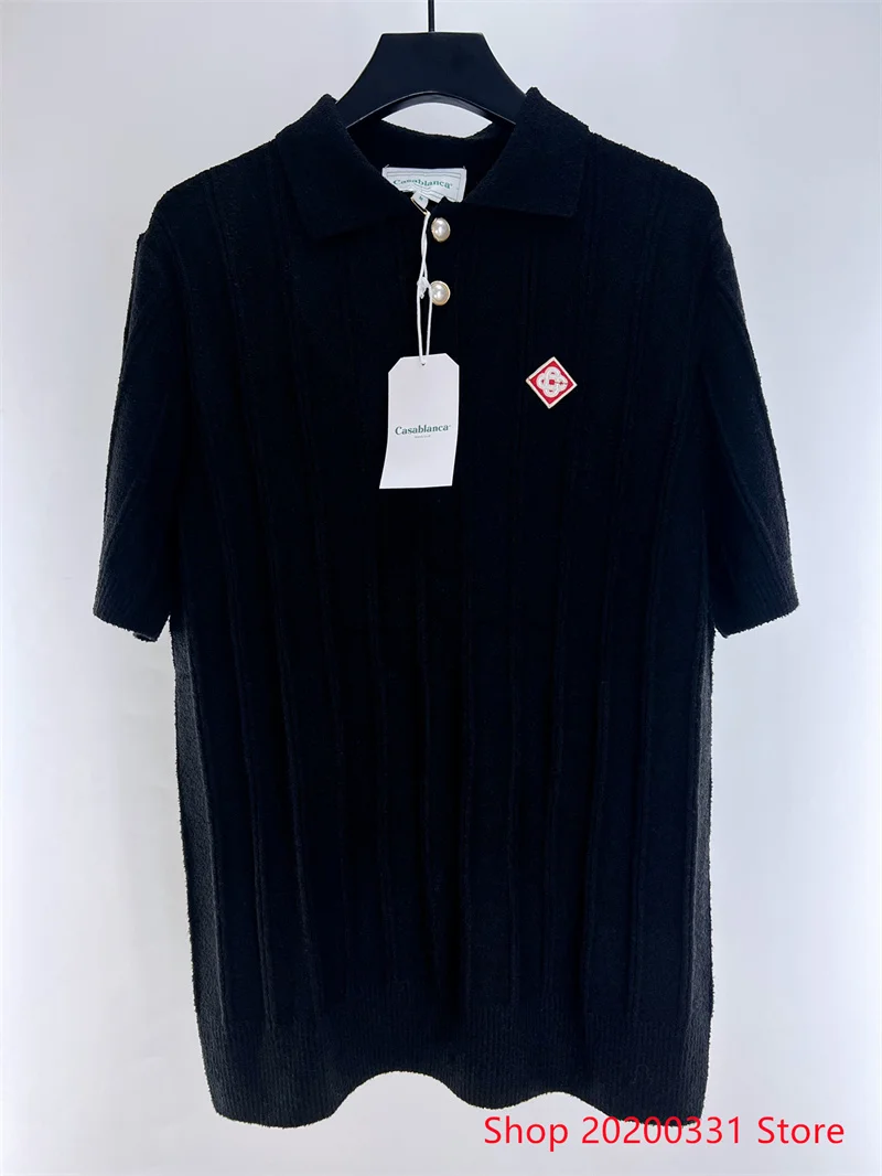 

Y2K Black New Casablanca Sweater Striped Pearl Button Loose Pullover Short Sleeve Knitted Shirts for Men