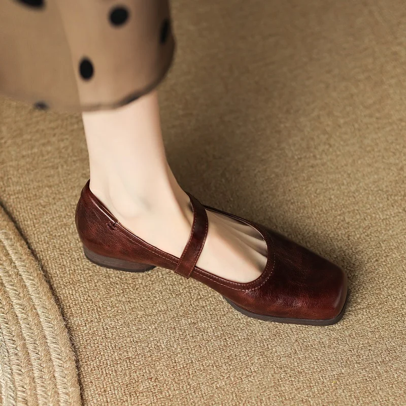 

One Strap Spring Flats Simple Shoes French Style Ladies Shoes Square Toe Retro Elegant Flats Low Heel Daily Shoes Fot Women