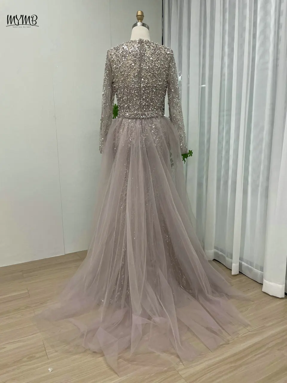 MYMB Klassisches rosa langärmliges muslimisches Abendkleid, elegantes, perlenbesetztes Meerjungfrau-Kleid für formelle Anlässe mit abnehmbarer Schleppe MS66014-3 – Detail 13