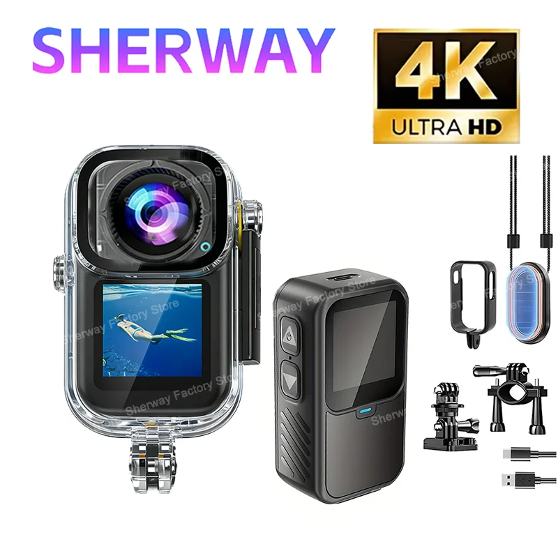 Caméra de poche Sherway 4K avec stabilisation d'image, double écran, étanche, 60 images/seconde, pour les sports de plein air et les casques._voghion.com