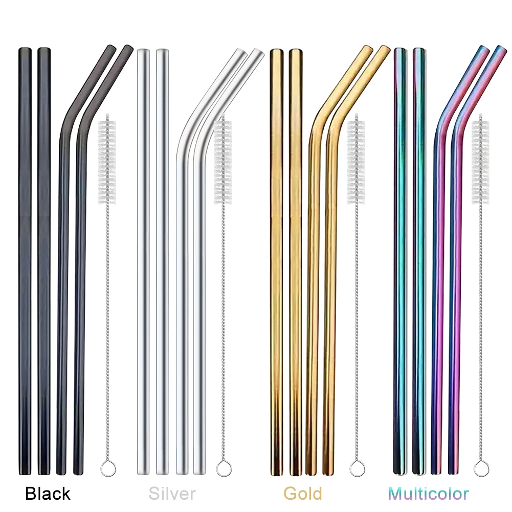 4-Pack Reusable Long Stainless Steel Straws with Cleaning Brush