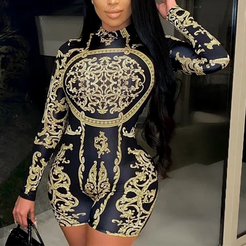 

New Fashion Womens Spring Skinny Short Jumpsuit Long Sleeve High Neck Pattern Print Bodysuit Skin-Friendly Hot Sale S M L