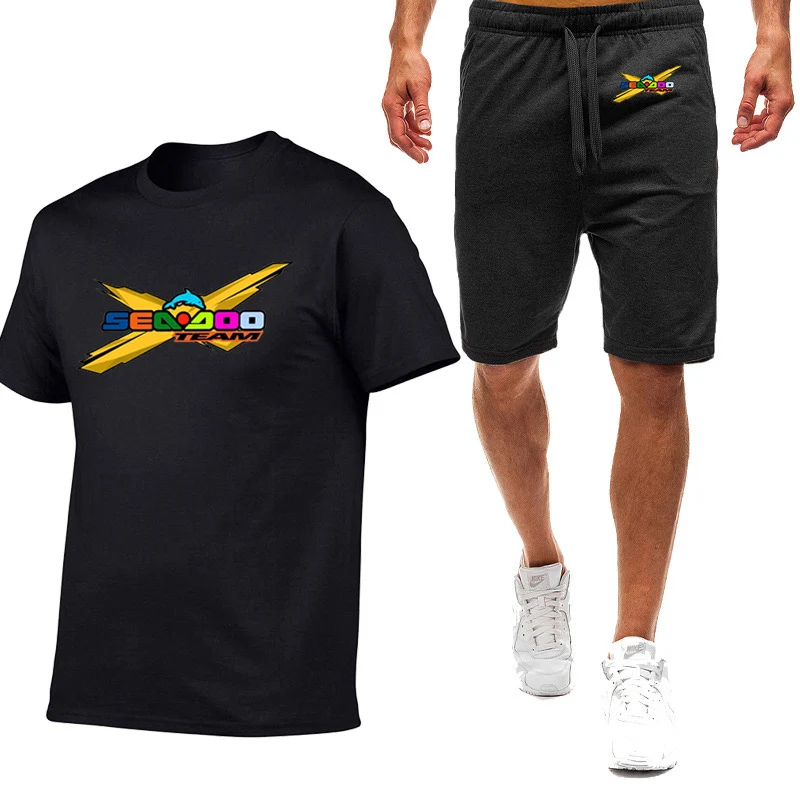 2023 Summer Sea Doo Seadoo Moto Logo Print Solid Color Streetwear Casual Short Sleeve Tops+Fashion Popular Sweatpants Trendy Set