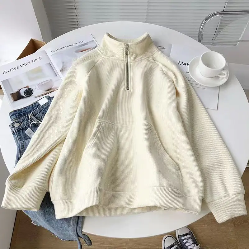 

Japanese waffle plus velvet stand-up collar half-zip pullover sweatshirt for women high-end Korean style loose gentle wind coat