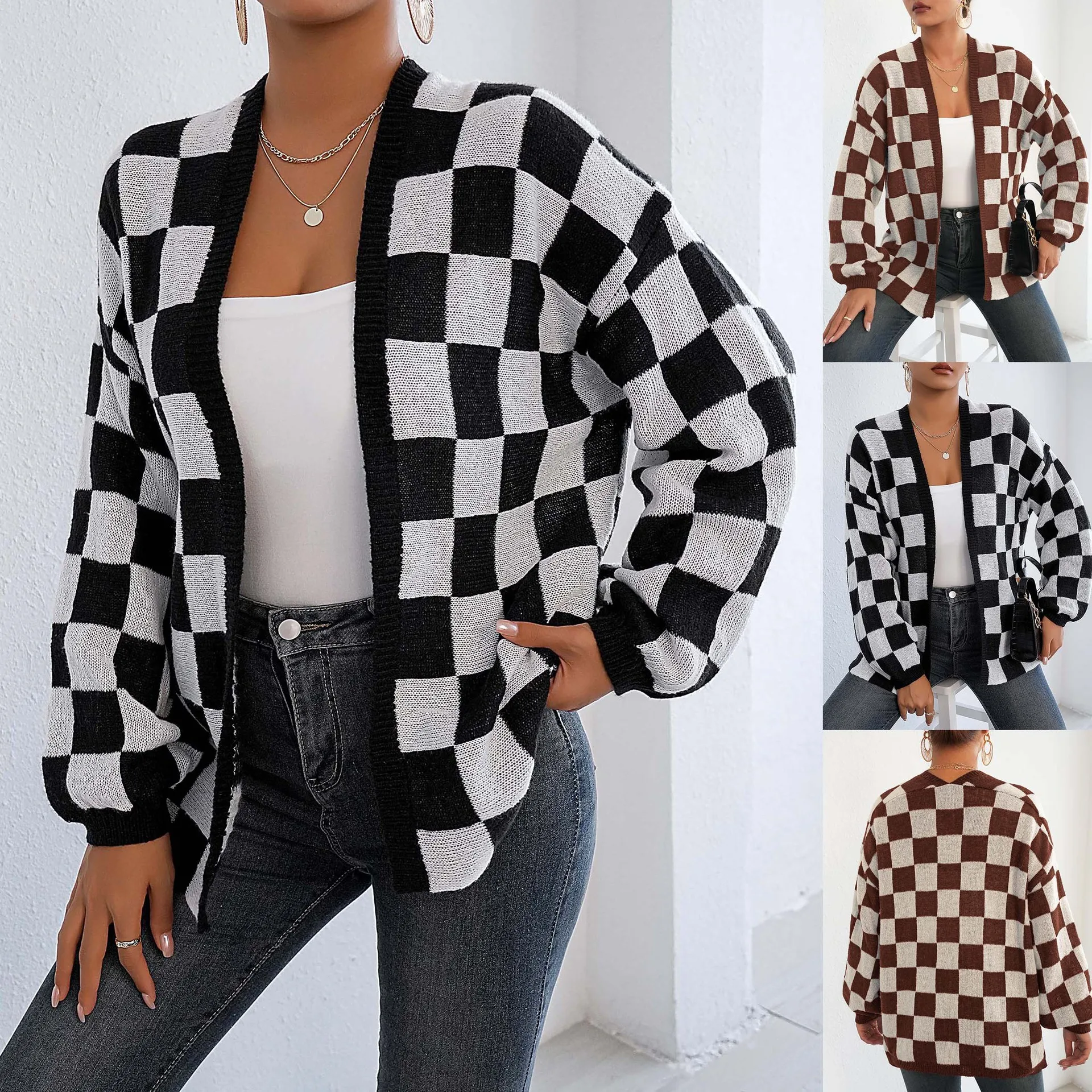 Women Plaid Cardigan Sweater Autumn Spring Loose Knitwear