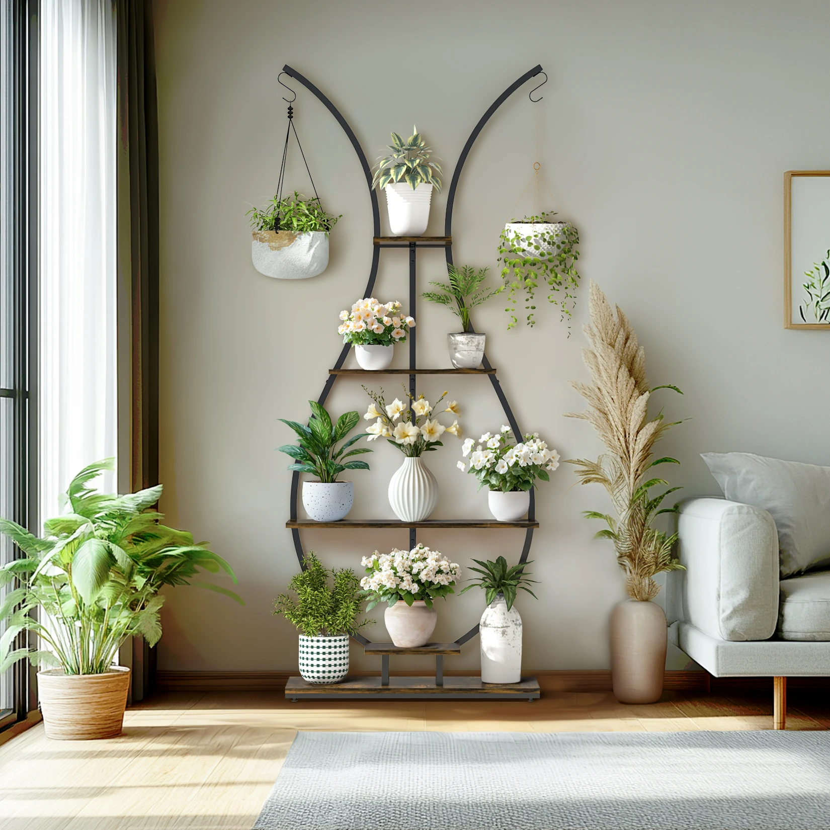5 Tier Tall Plant Stand Indoor Vase-Shape Metal Plant Shelf with Hanging Hook, Multiple Planter Display for Home Decor Living