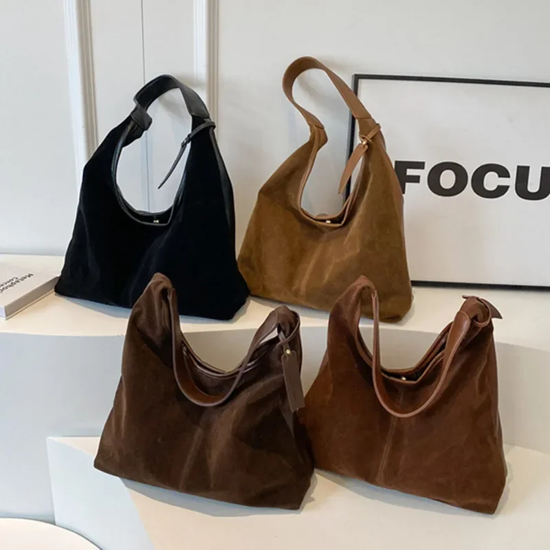 Women Suede Hobo Bag Vintage Shoulder Bag Autumn Winter Handbag Solid Color Large Capacity Shopping Bags Purse for Ladies Totes