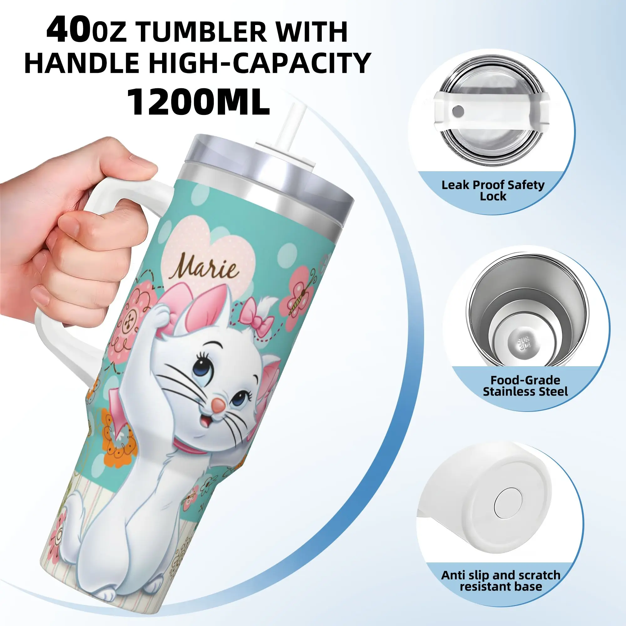Stainless Steel Aristocats Marie Cat Tumbler with Straw - Large Capacity Thermal Mug