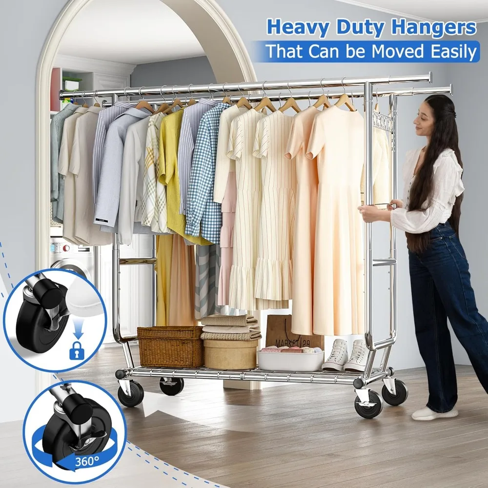 Clothes Rack Heavy Duty Clothing Racks for Hanging Clothes Load 620LBS, Rolling Clothing Rack with Wheels, Adjustable 4