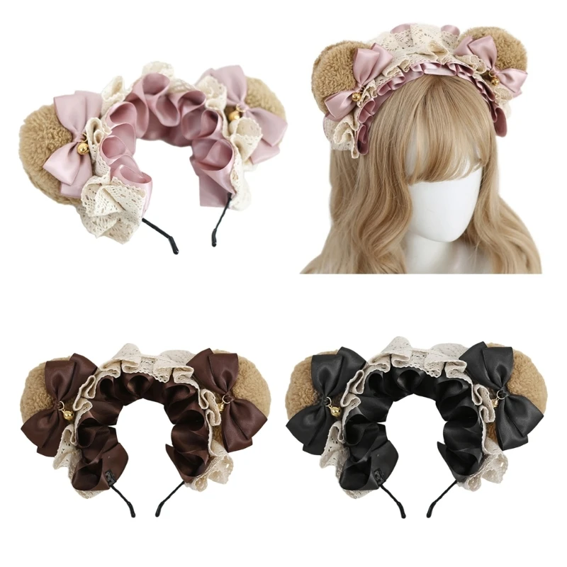

Lace Bowknot Hairhoop for Girls Goth Anime Bear Ear Headband Cosplay Headdress ComicShow Headwear