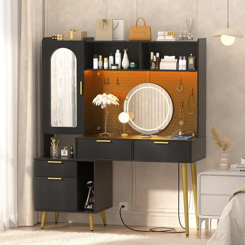 

48'' Makeup Vanity with Hutch, Modern Bedroom Vanity with Charging Station and LED, Tall Vanity Table with Pegboard