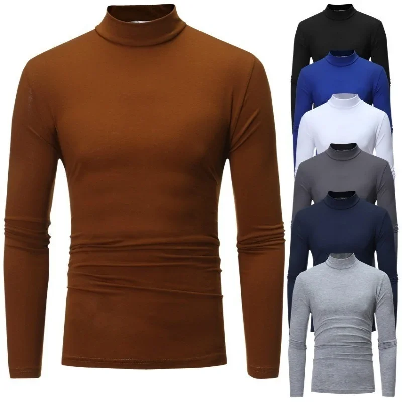 

New Base Tee Shirt Mens Slim Fit Knitted High Neck Pullover Turtleneck Jumper Sweater Undershirts Male Tops Shirt