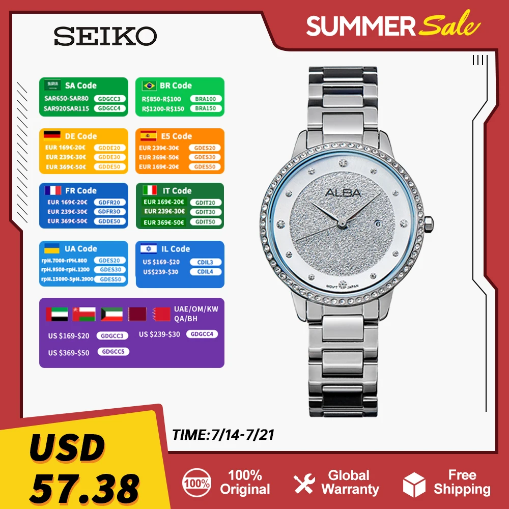 

Женские кварцевые часы со звездами SEIKO Alba, модные повседневные Простые Летние водонепроницаемые часы, 4 цвета, со стразами и циферблатом, 30 метров