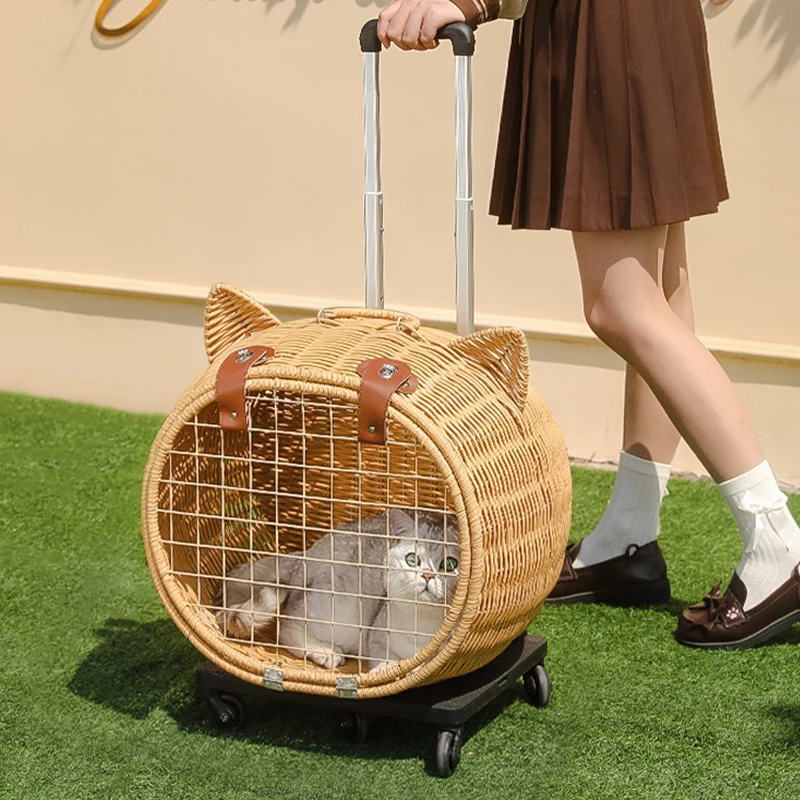 

Cat Outdoor Cages Portable Outing Pet Trolley Case Bamboo Woven Suitcase Dog and Cats Bag Cat Backpack