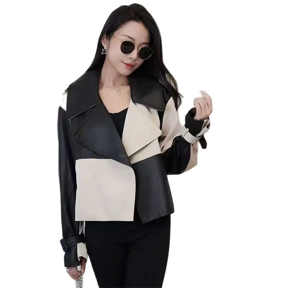 

Pu Outerwear Black White Check Splice Leather Jacket Women'S Coat Tops 2024 New Spring Autumn Korean Casual Pu Coats Street