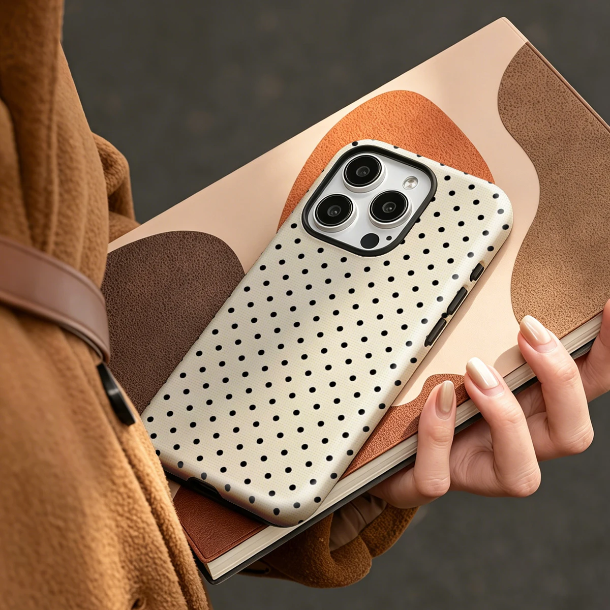Korean Film-Inspired Polka Dot Cream and Black Hard Phone Case