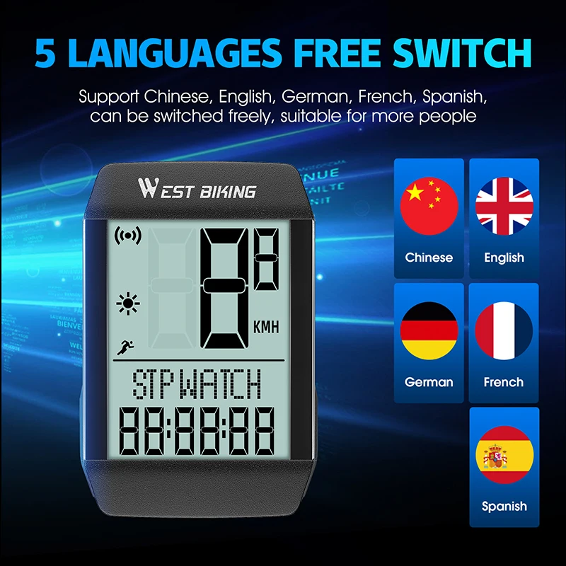 WEST BIKING 5 Language Bicycle Wireless Computer Waterproof Cycling Odometer Digital Speedometer Stopwatch Bicycle Accessories