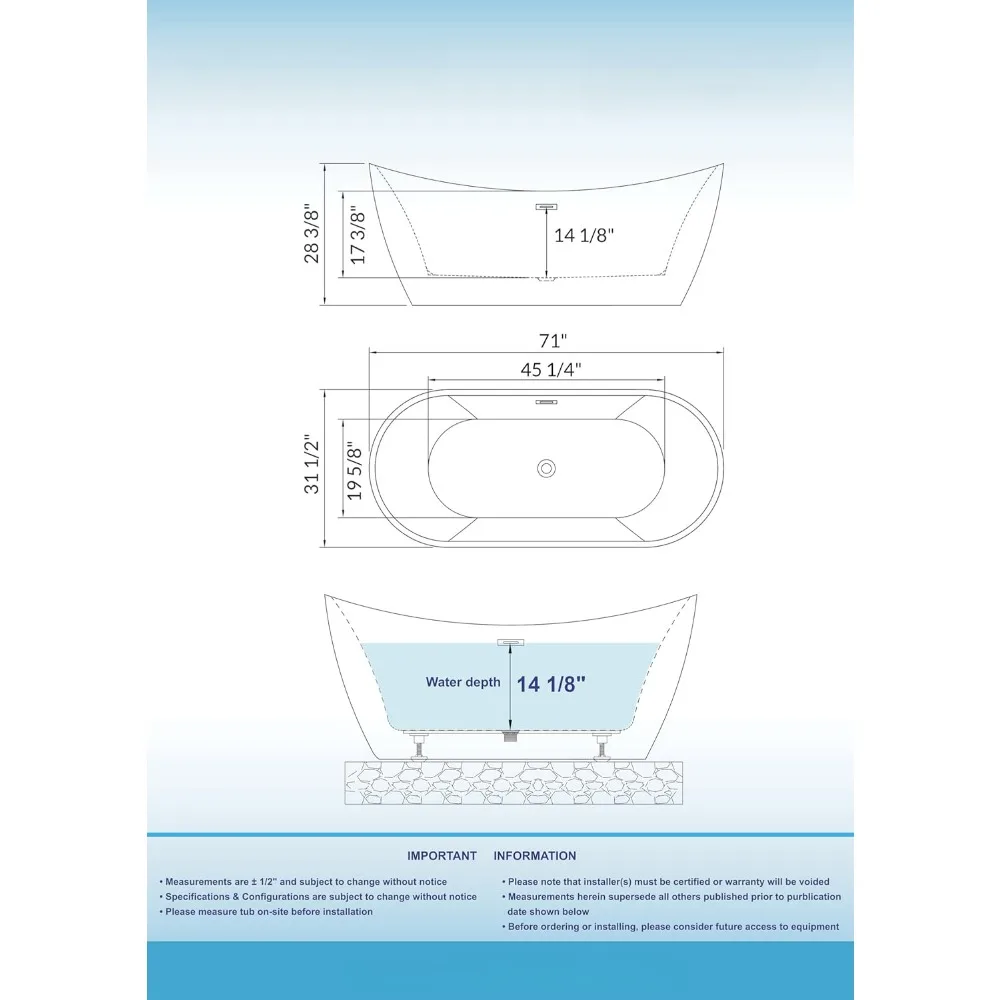 71" Acrylic Freestanding Bathtub with Brushed Nickel Overflow and Drain，Bottom with Stainless Steel Bracket Makes，Bathtub 6