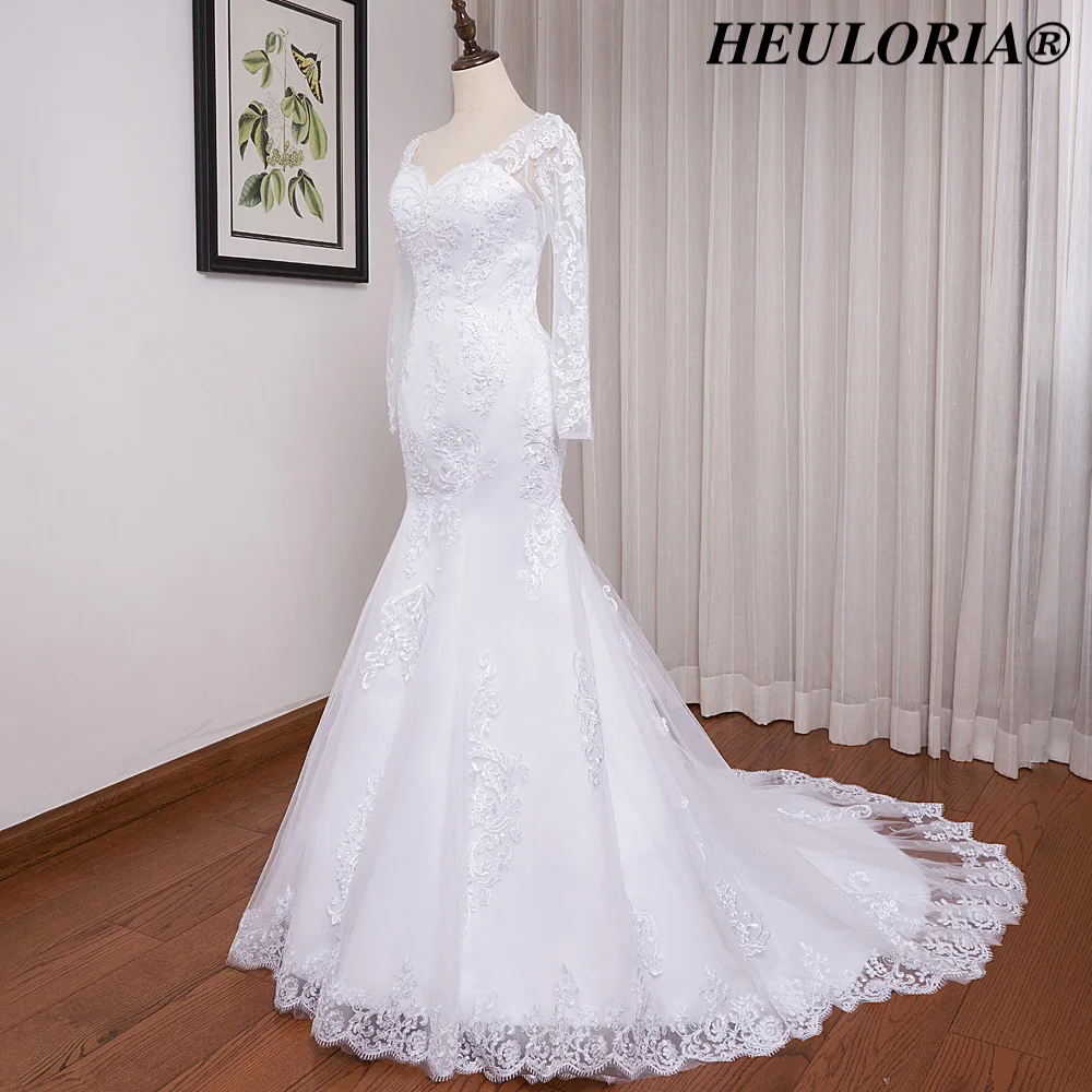 HEULORIA Mermaid Wedding Dresses long Sleeve sweetheart lace applique beading Bride Dress Robe de mariage customize