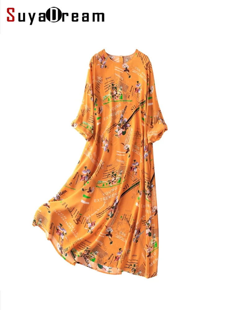 SuyaDream Women Printed Dresses 100Silk Crepe A Line O Neck Loose Mid
