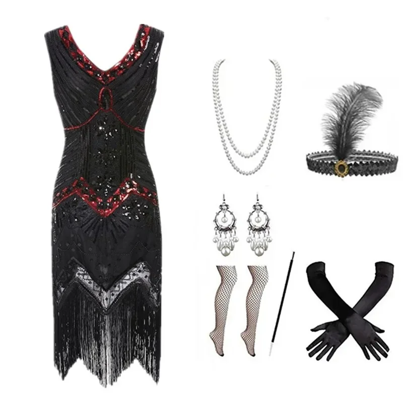 thumbnail image 1 of Nuevo vestido estilo flapper de los años 20, vestido de noche de fiesta del Gran Gatsby con lentejuelas y flecos, vestido con accesorios de los años 20, conjunto de 6 piezas, talla grande, 1 of 5
