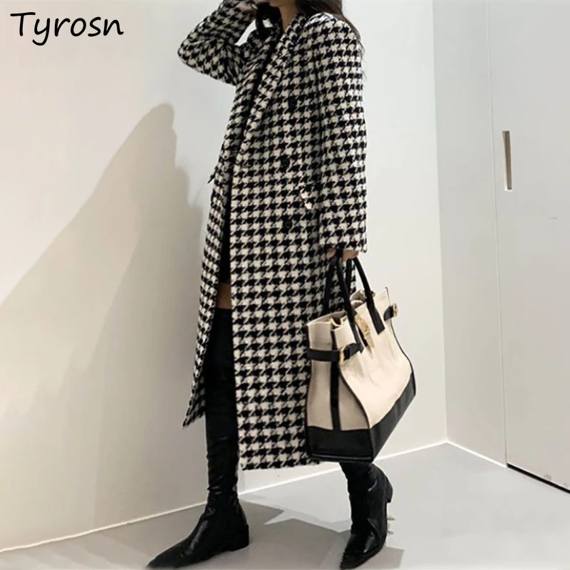 

Winter Woolen Blends Women Office Lady Plaid Classic Long Back-slit Chic Designed Gentle Graceful Warm Streetwear All-match New