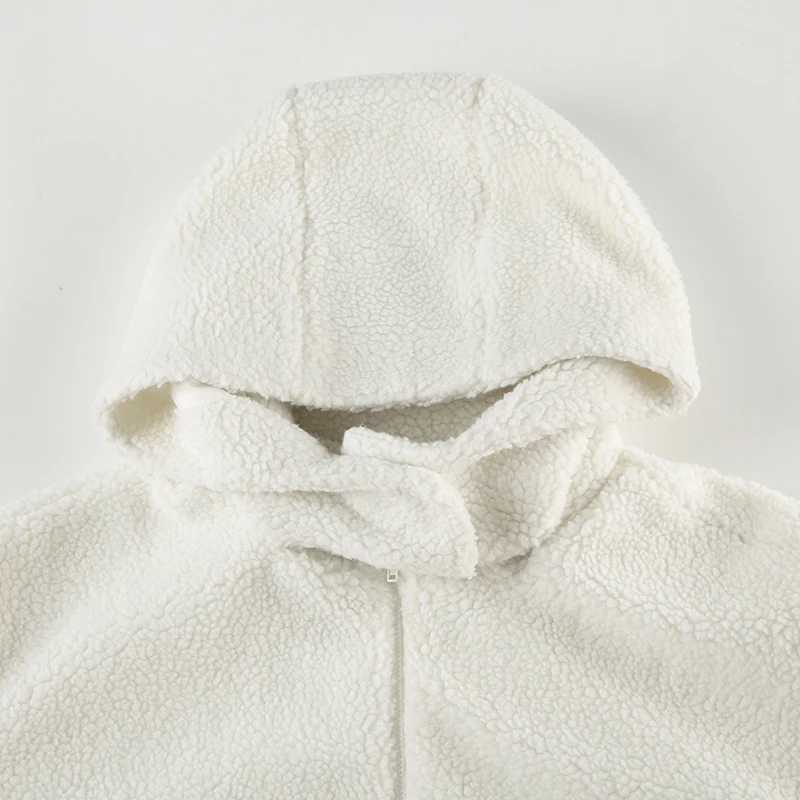 Turtleneck Buckled Hooded Coat Faux Lamb Wool Thick Warm Fashion White Zipper Jacket Women Streetwear Outfits Winter