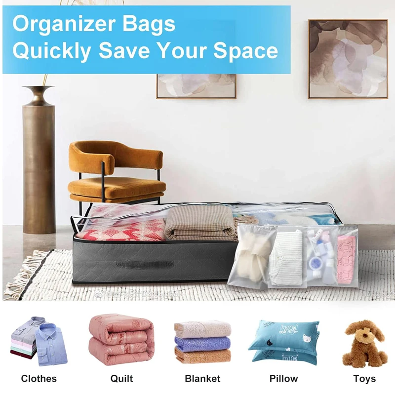 Underbed Storage Bag 90L Large Under Bed Storage Box with Zipper Bags Organizer for Clothes Duvets Blanket Quilt Non-woven 6