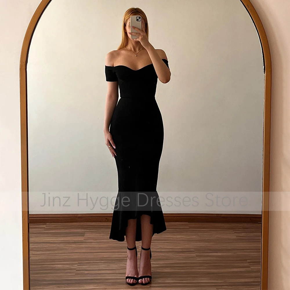 Black Velvet Cocktail Dresses for Women Off the Shoulder V Neck Mermaid Cocktail Gowns Midi Asymmetrical Evening Party Dress