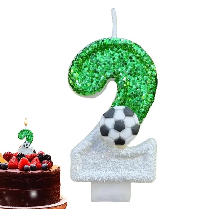 thumbnail image 3 of Velas de cumpleaños para niños con diseño de balón de fútbol, con números del 0 al 9 y destellos verdes, para decoración de tartas de cumpleaños de niño, 3 of 6