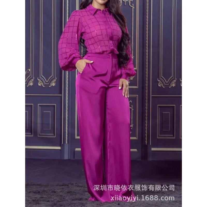 Women's Fashion Bead Embroidered Long Sleeved Shirt & Casual Loose High Waist Pants Set Temperament Commuting Two Piece Outfits