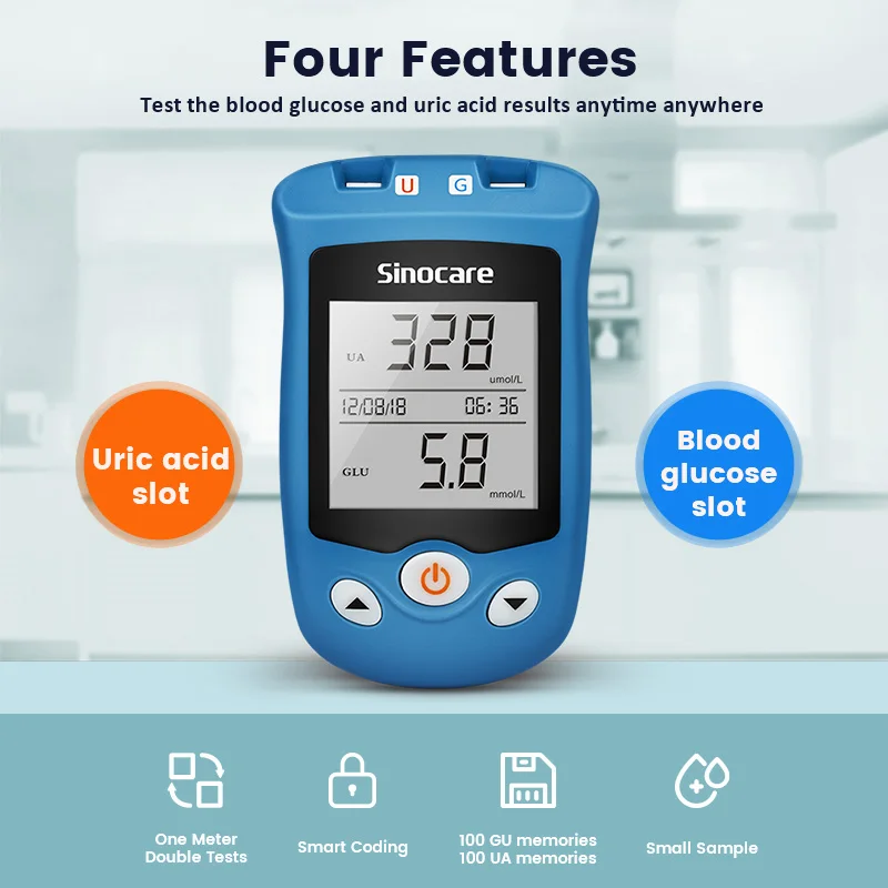 SINOCARE 2 IN 1 Safe AQ UG Uric Acid & Blood Glucose Meter with U trips G trips Rapid Use Testing for Gout Patients blood glucose monitor,blood test meter,medical blood test kit