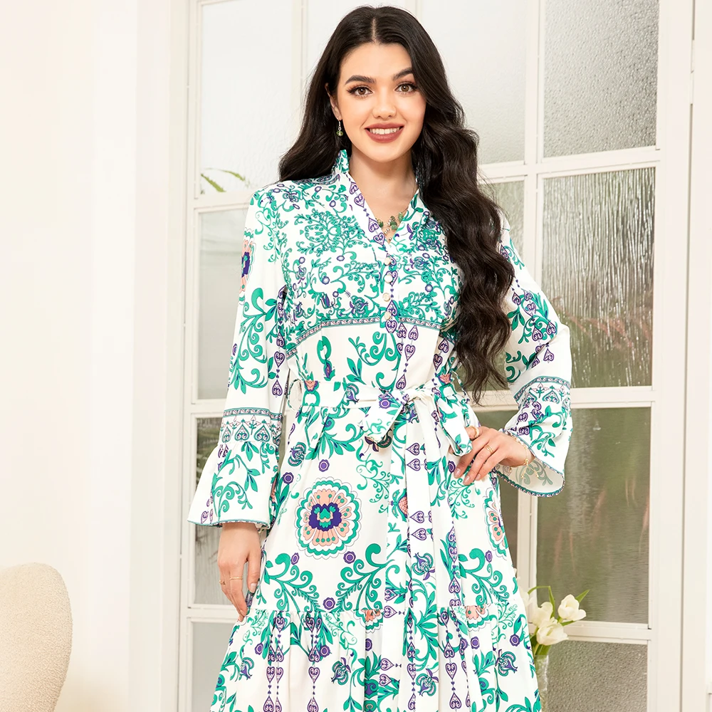 Elegant style V-neck Flowers Plant Buttons Belt Flared sleeve Long Dresses