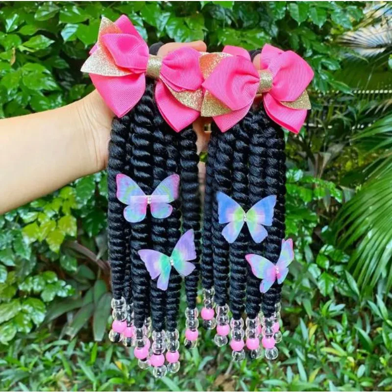 2 حزمة شعر 8 بوصة ذيل حصان مضفر للأطفال مع خرز وفيونكة مخصصة للأطفال ذيل حصان مضفر مع سرير خرز وفراشة