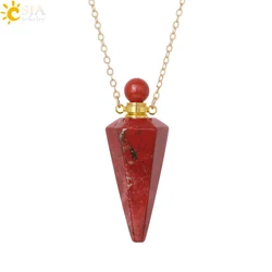 Natural Stone Cone Perfume Bottle Necklace with Healing Clear Quartz Crystal Pendant and Essential Oil Diffuser (Red Jasper G)