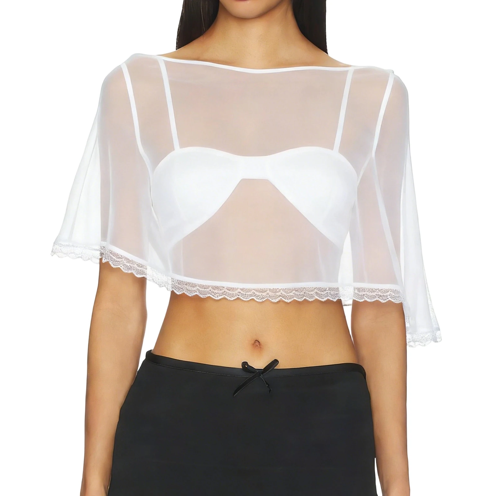 Lamuusaa Women Hooded Poncho Shawl y2k Clothes Lace Trim Off-the-Shoulder Sheer Mesh Flowy Tops Crop Shrug Blouses Cover Ups 6