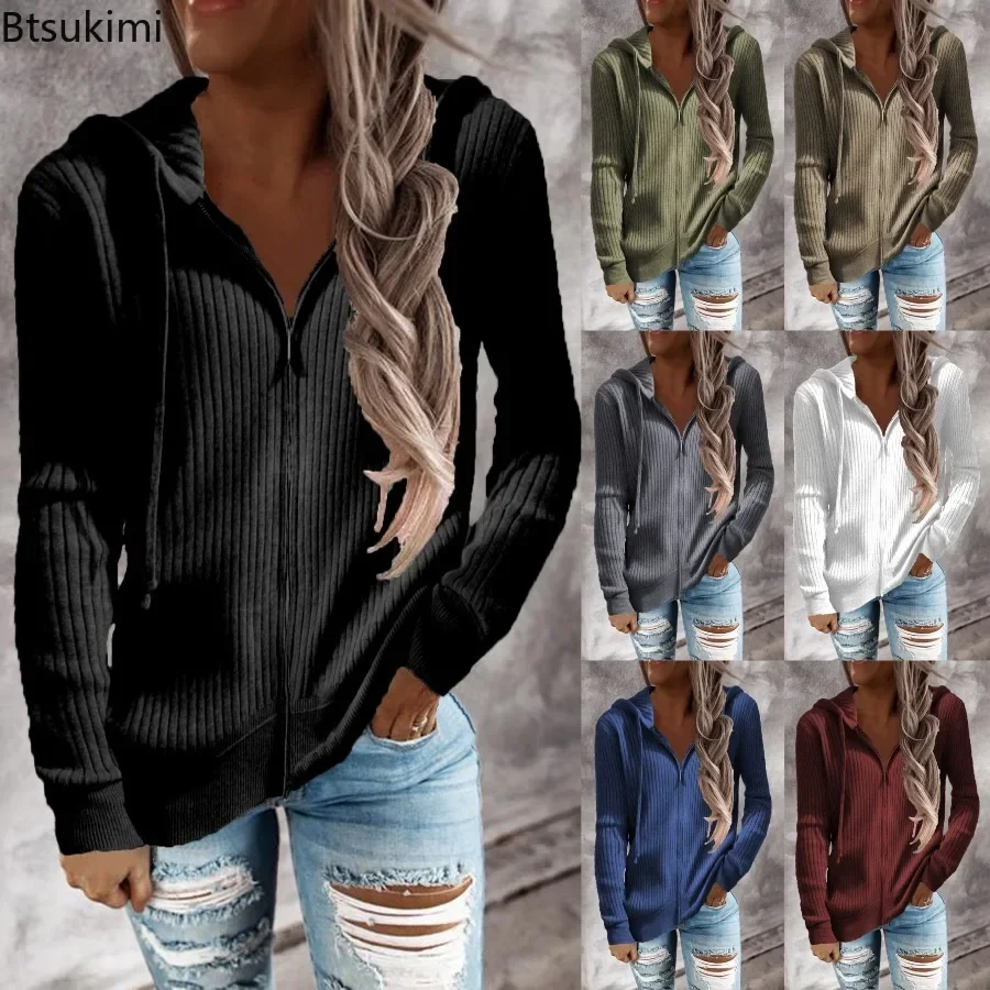 

2024 Women's Autumn Winter Zipper Cardigan Hoodies Sweaters Ladies Vintage Casual Loose Long Sleeve Solid Knitted Outerwear Top