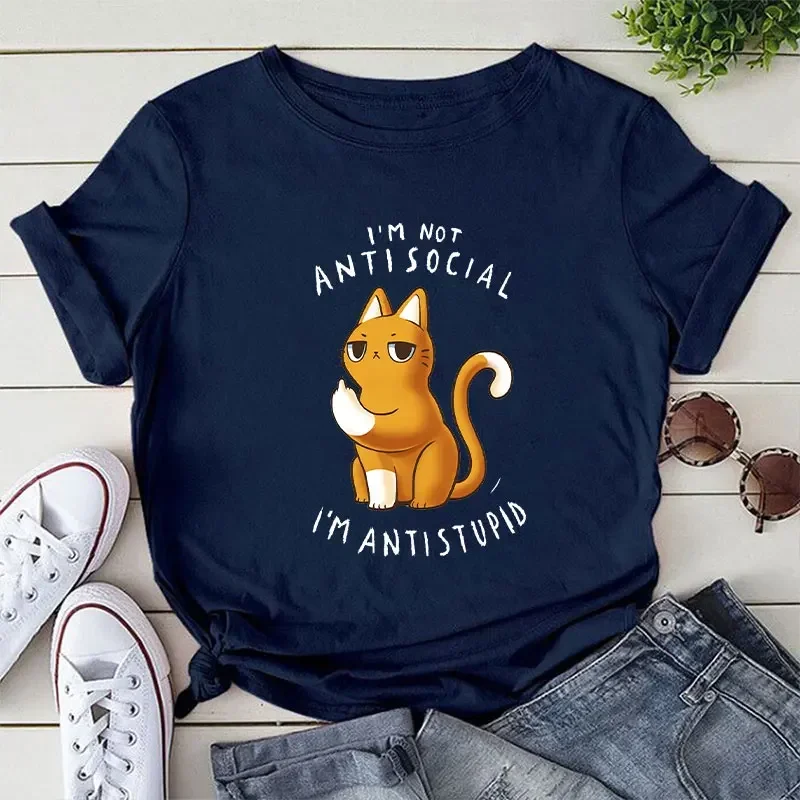 Casual Tees Ladies I'm Not Antisocial I 'm Antistupid Aesthetic Trend Summer Female Clothes Tshirt Tops Women Cat Cartoon Tshirt 3